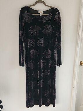 90s Goth Romantic Burnout Black Floral Stretch Velvet Maxi Dress M Witchy Vampy